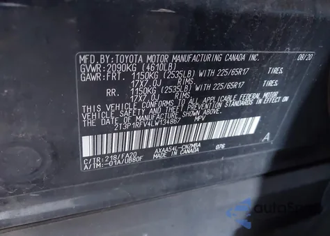 2020 Toyota Rav4 Xle z USA, uszkodzony, nr VIN 2T3P1RFV4LW134867